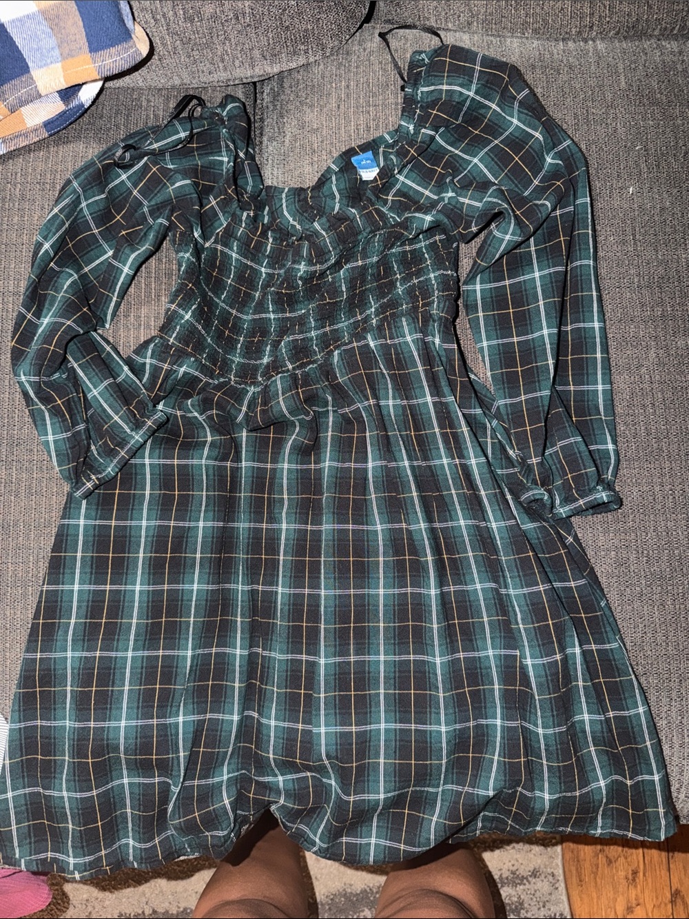 Old Navy Green and Black Plaid Smocked Dress
